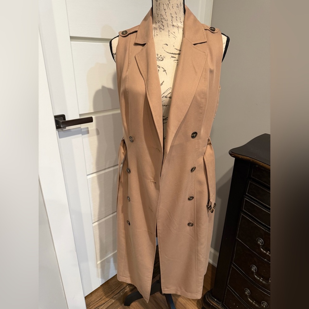 White House Black Market Tan Belted Midi Trench Coat Dress - Picture 8 of 8